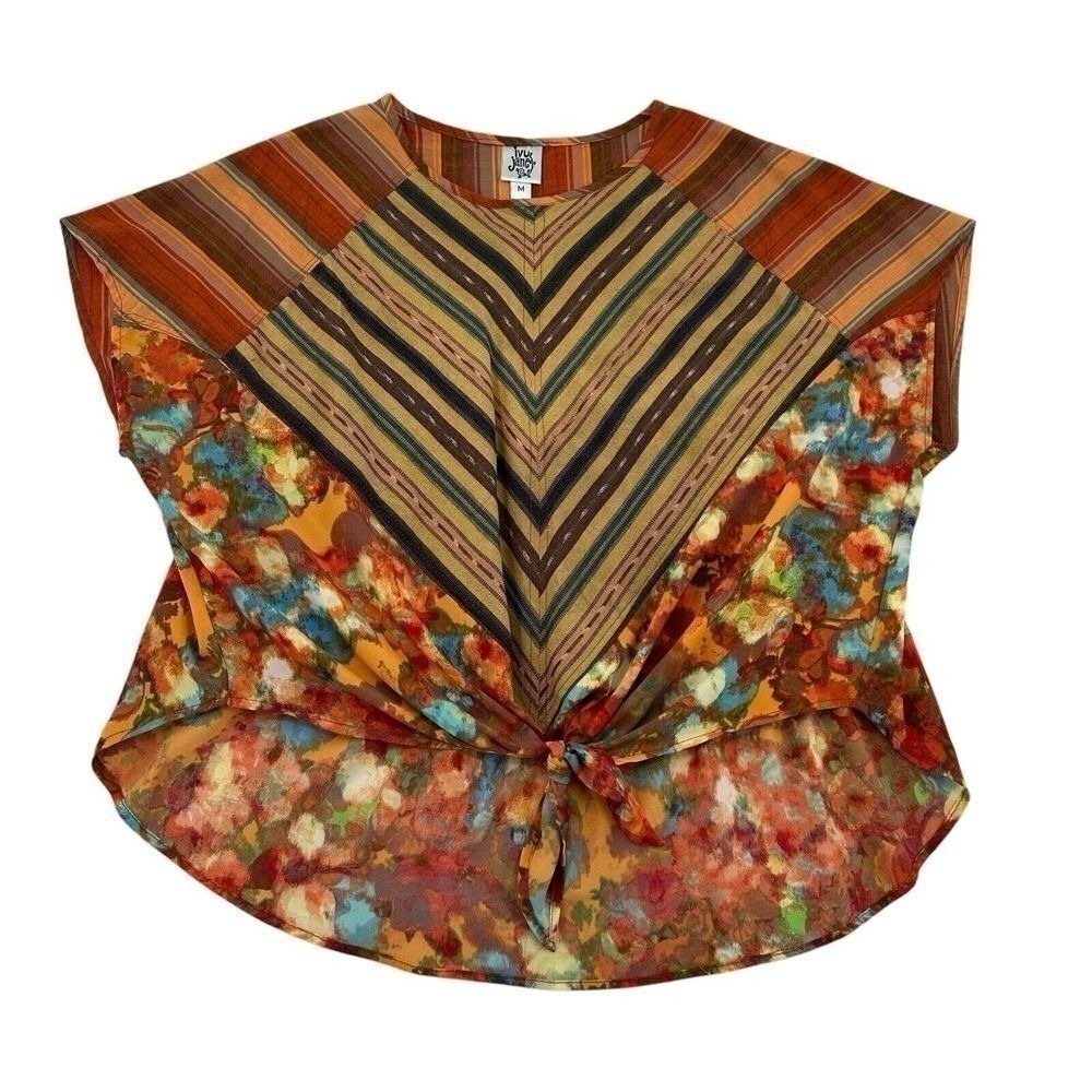 Ivy Jane Mixed Media Floral Stripe Tie Front Top Multi Color Hippie Women M